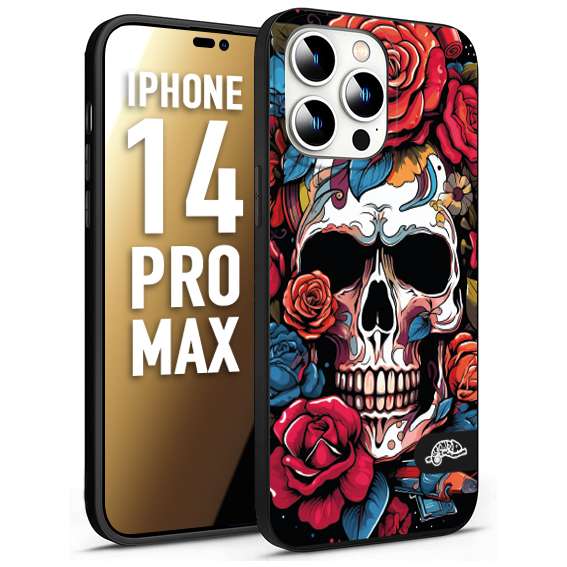 CUSTOMIZZA - Custodia cover nera morbida in tpu compatibile per iPhone 14 PRO MAX teschio skull flowers fiori rose rosse tattoo disegnato