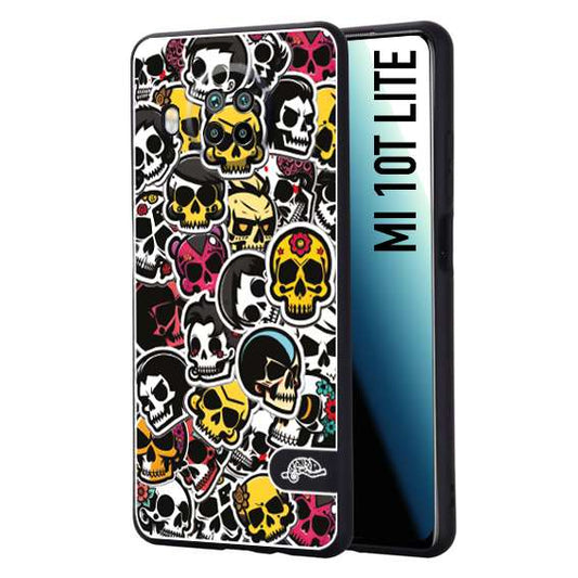 CUSTOMIZZA - Custodia cover nera morbida in tpu compatibile per Xiaomi Mi 10T LITE sticker bomb teschi colorati adesivi skulls skater snowboard