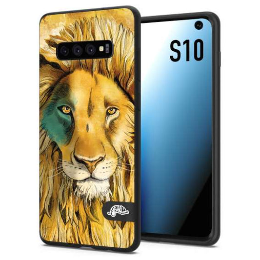 CUSTOMIZZA - Custodia cover nera morbida in tpu compatibile per Samsung S10 leone lion disegnato a mano giallo blu a rilievo artistico brown