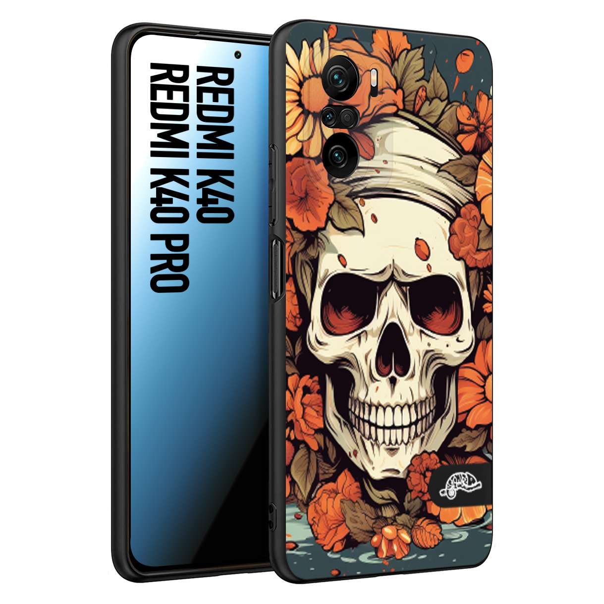 CUSTOMIZZA - Custodia cover nera morbida in tpu compatibile per Xiaomi Redmi K40 - K40 Pro teschio skull flowers fiori tattoo disegnato alta definizione