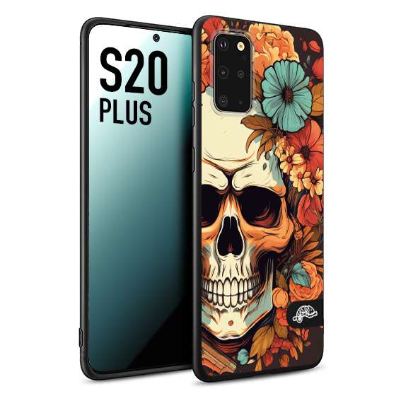 CUSTOMIZZA - Custodia cover nera morbida in tpu compatibile per Samsung S20 PLUS teschio skull flowers fiori autunnali arancio celeste tattoo