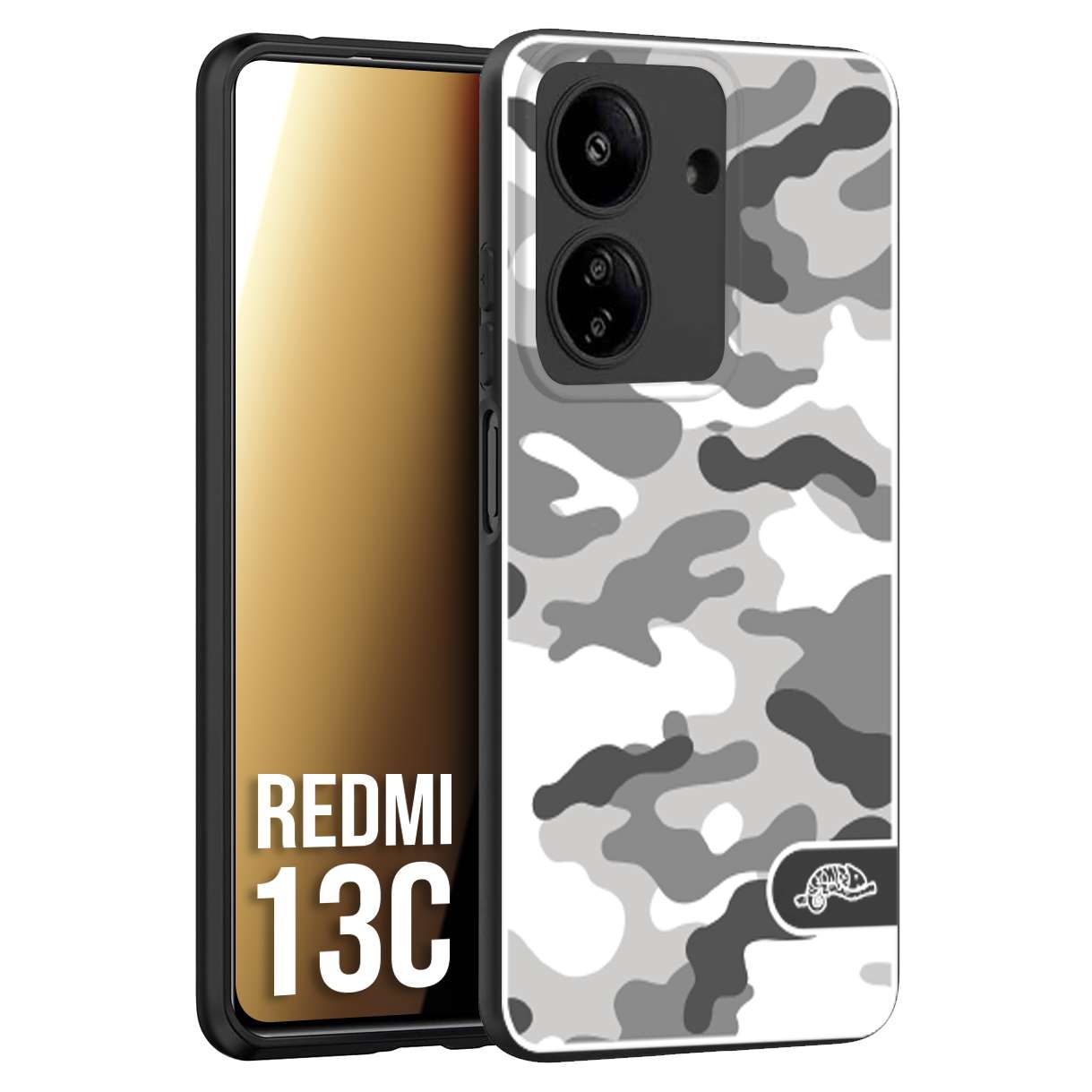 CUSTOMIZZA - Custodia cover nera morbida in tpu compatibile per Xiaomi Redmi 13C camouflage mimetico militare bianco white