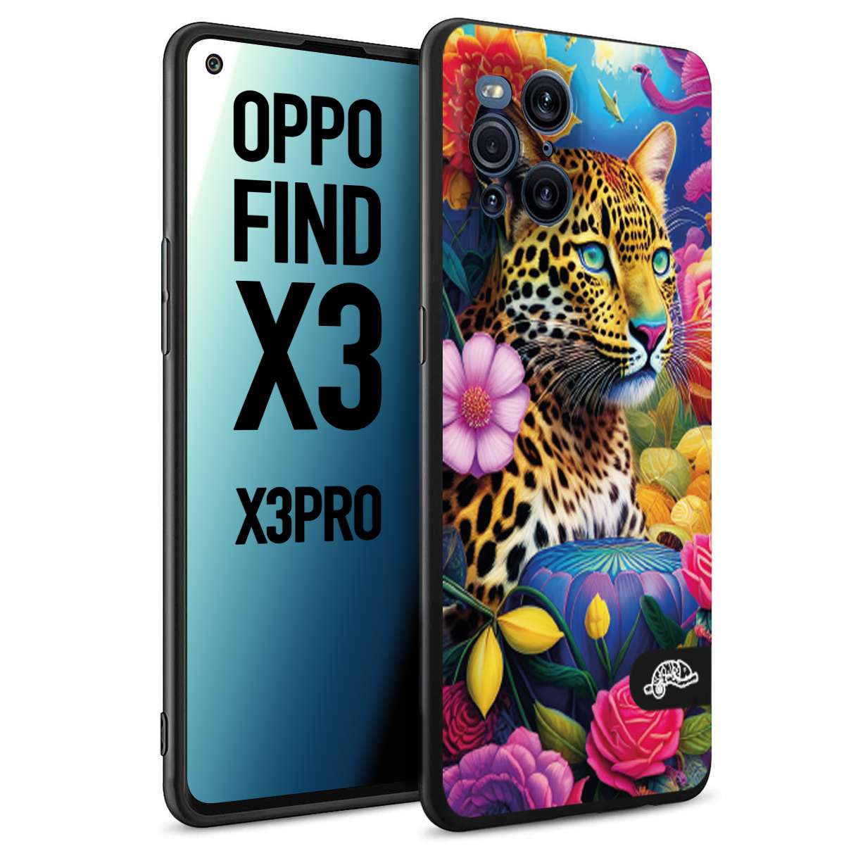 CUSTOMIZZA - Custodia cover nera morbida in tpu compatibile per Oppo Find X3 - Find X3 Pro 5G fiori astratti donna flower fantasia leopardo ghepardo animali colorati