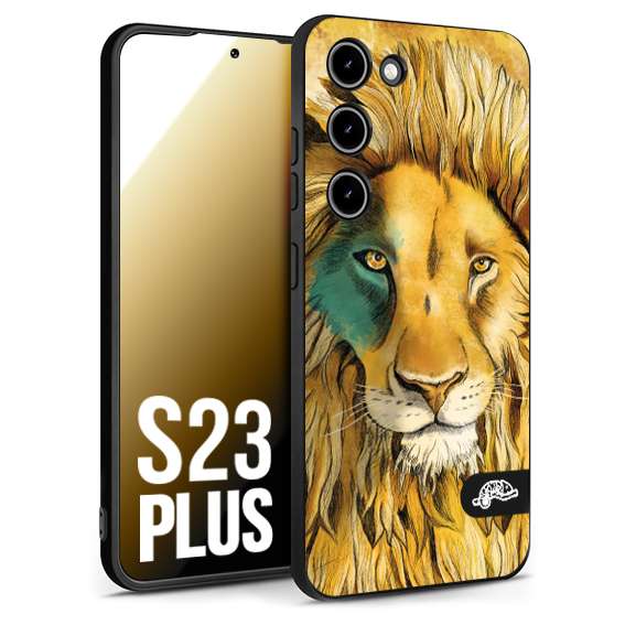 CUSTOMIZZA - Custodia cover nera morbida in tpu compatibile per Samsung S23 PLUS leone lion disegnato a mano giallo blu a rilievo artistico brown