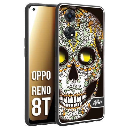 CUSTOMIZZA - Custodia cover nera morbida in tpu compatibile per Oppo Reno 8T teschio messicano Mexican skull bianco verde giallo