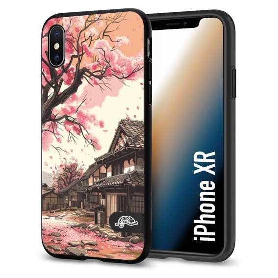 CUSTOMIZZA - Custodia cover nera morbida in tpu compatibile per iPhone Xr casa giapponese rosa ciliegio in fiore disegnata tattoo