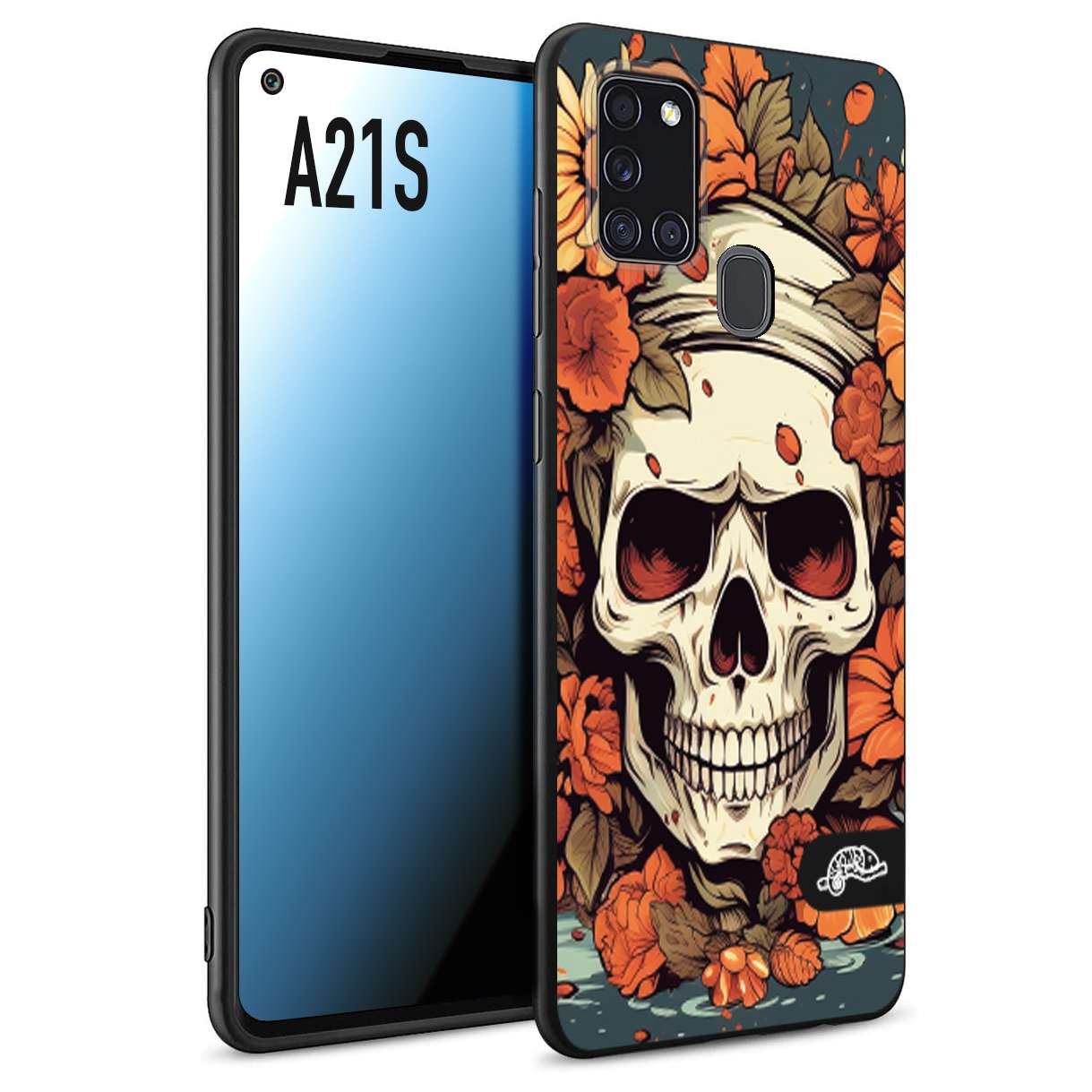 CUSTOMIZZA - Custodia cover nera morbida in tpu compatibile per Samsung A21S teschio skull flowers fiori tattoo disegnato alta definizione