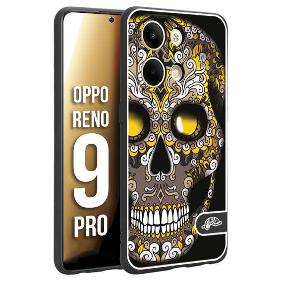 CUSTOMIZZA - Custodia cover nera morbida in tpu compatibile per Oppo Reno 9 PRO teschio messicano Mexican skull nero giallo