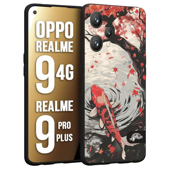 CUSTOMIZZA - Custodia cover nera morbida in tpu compatibile per Oppo Realme 9 4G - 9 PRO PLUS giapponese lago carpa koi rossa con foglie d'acero rosso disegnata tattoo