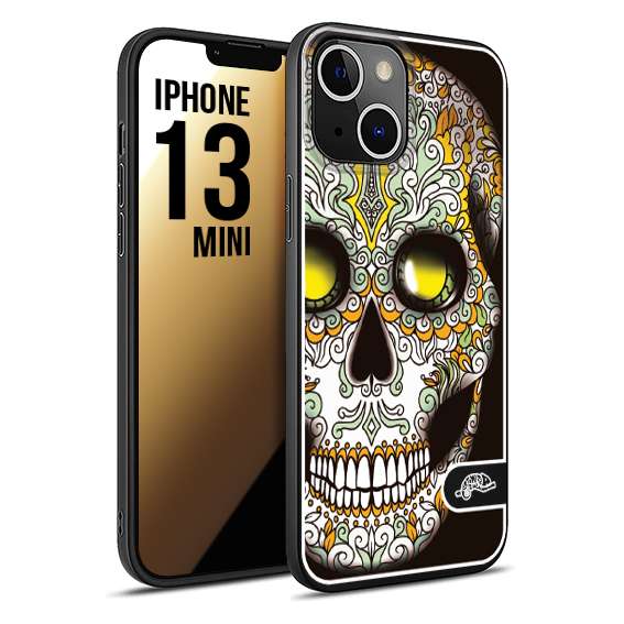 CUSTOMIZZA - Custodia cover nera morbida in tpu compatibile per iPhone 13 MINI teschio messicano Mexican skull bianco verde giallo