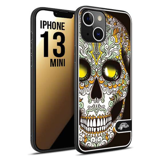 CUSTOMIZZA - Custodia cover nera morbida in tpu compatibile per iPhone 13 MINI teschio messicano Mexican skull bianco verde giallo