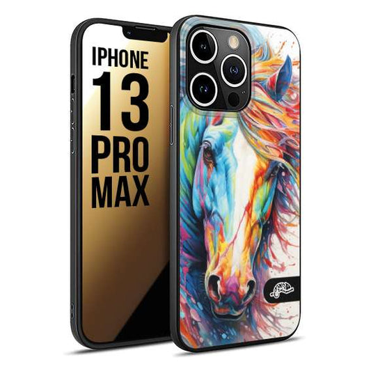 CUSTOMIZZA - Custodia cover nera morbida in tpu compatibile per iPhone 13 PRO MAX animali color cavallo horse viso colori vibranti disegnato schizzo