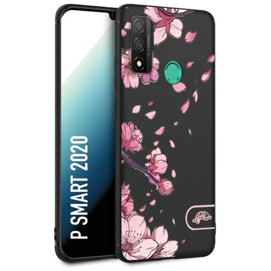 CUSTOMIZZA - Custodia cover nera morbida in tpu compatibile per Huawei P Smart 2020 giapponese fiori di ciliegio in fiore a rilievo disegnata tattoo