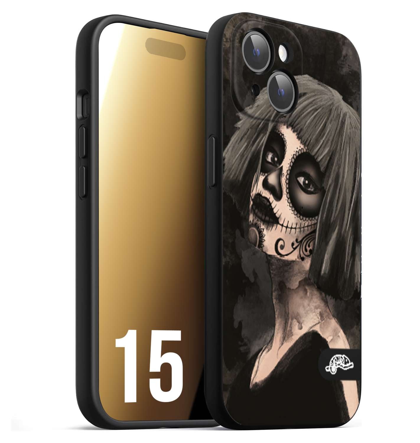 CUSTOMIZZA - Custodia cover nera morbida in tpu compatibile per iPhone 15 chicana messicana dea de la muerte donna santa tattoo disegnata