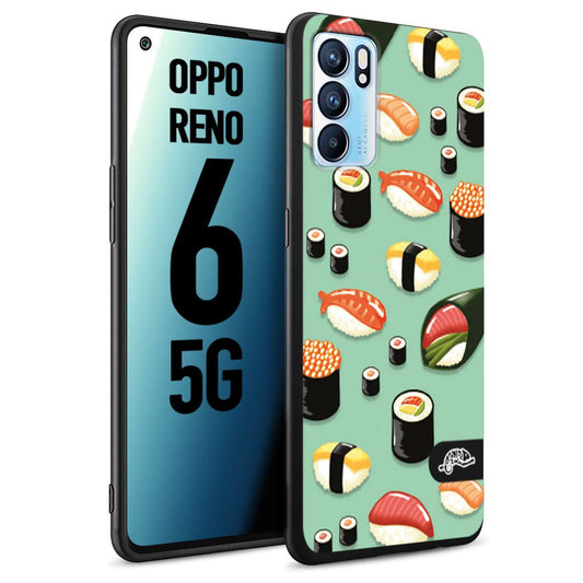 CUSTOMIZZA - Custodia cover nera morbida in tpu compatibile per Oppo Reno 6 5G sushi disegni giapponese nighiri acquamarina verde