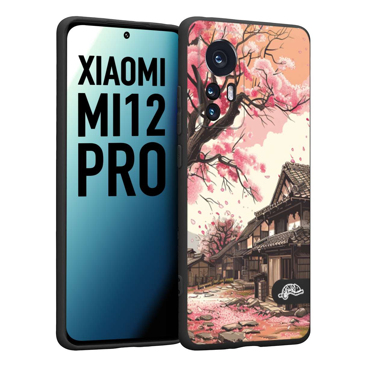 CUSTOMIZZA - Custodia cover nera morbida in tpu compatibile per Xiaomi 12 PRO casa giapponese rosa ciliegio in fiore disegnata tattoo