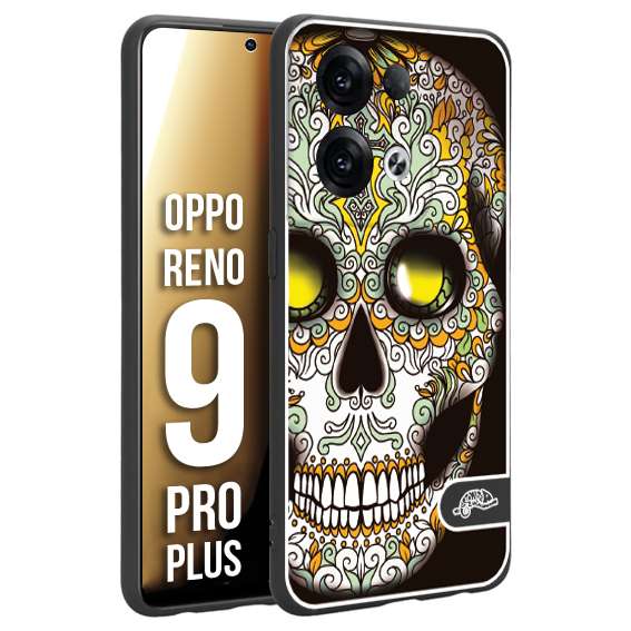 CUSTOMIZZA - Custodia cover nera morbida in tpu compatibile per Oppo Reno 9 PRO PLUS teschio messicano Mexican skull bianco verde giallo