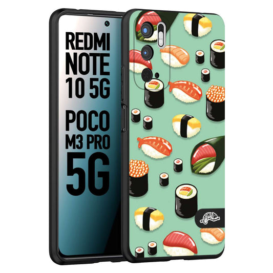 CUSTOMIZZA - Custodia cover nera morbida in tpu compatibile per Xiaomi Redmi Note 10 5G - Poco M3 Pro 5G sushi disegni giapponese nighiri acquamarina verde