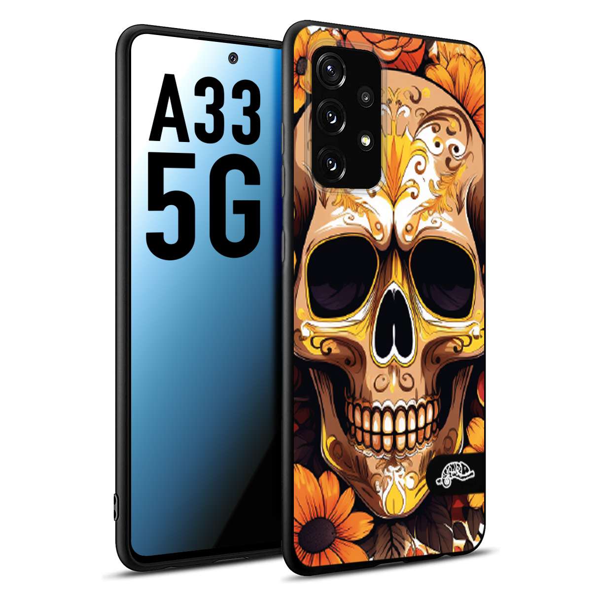 CUSTOMIZZA - Custodia cover nera morbida in tpu compatibile per Samsung A33 5G teschio messicano colorato dorato fiori tattoo disegnato