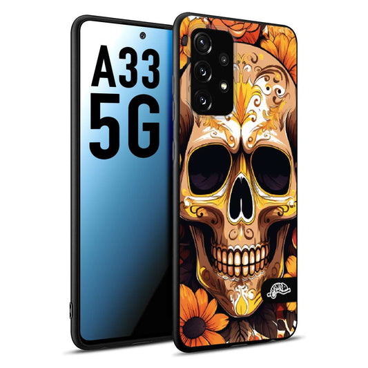 CUSTOMIZZA - Custodia cover nera morbida in tpu compatibile per Samsung A33 5G teschio messicano colorato dorato fiori tattoo disegnato