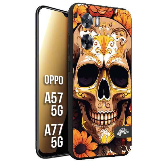 CUSTOMIZZA - Custodia cover nera morbida in tpu compatibile per Oppo A57 5G - A77 5G teschio messicano colorato dorato fiori tattoo disegnato