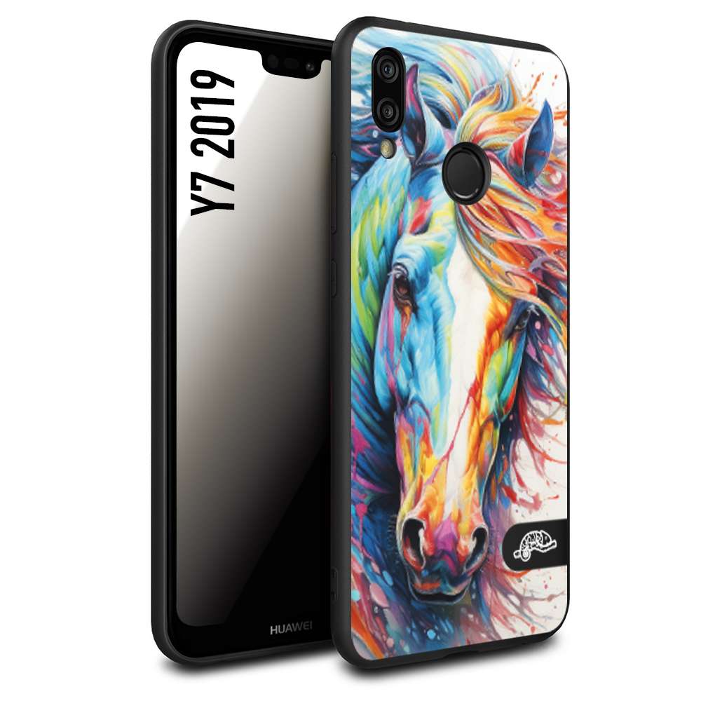 CUSTOMIZZA - Custodia cover nera morbida in tpu compatibile per Huawei Y7 2019 animali color cavallo horse viso colori vibranti disegnato schizzo