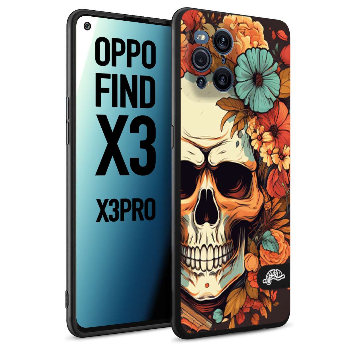 CUSTOMIZZA - Custodia cover nera morbida in tpu compatibile per Oppo Find X3 - Find X3 Pro 5G teschio skull flowers fiori autunnali arancio celeste tattoo