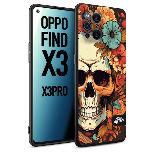 CUSTOMIZZA - Custodia cover nera morbida in tpu compatibile per Oppo Find X3 - Find X3 Pro 5G teschio skull flowers fiori autunnali arancio celeste tattoo