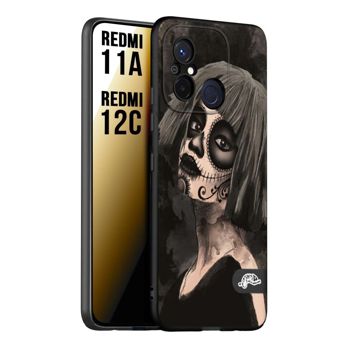 CUSTOMIZZA - Custodia cover nera morbida in tpu compatibile per Xiaomi Redmi 11A - 12C chicana messicana dea de la muerte donna santa tattoo disegnata