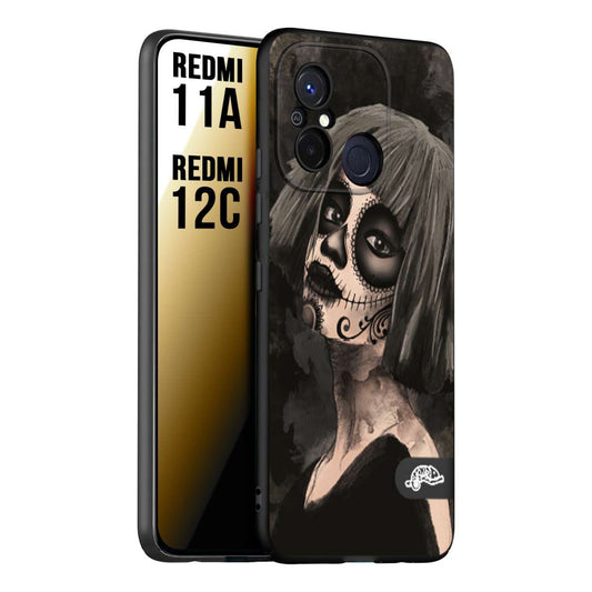 CUSTOMIZZA - Custodia cover nera morbida in tpu compatibile per Xiaomi Redmi 11A - 12C chicana messicana dea de la muerte donna santa tattoo disegnata