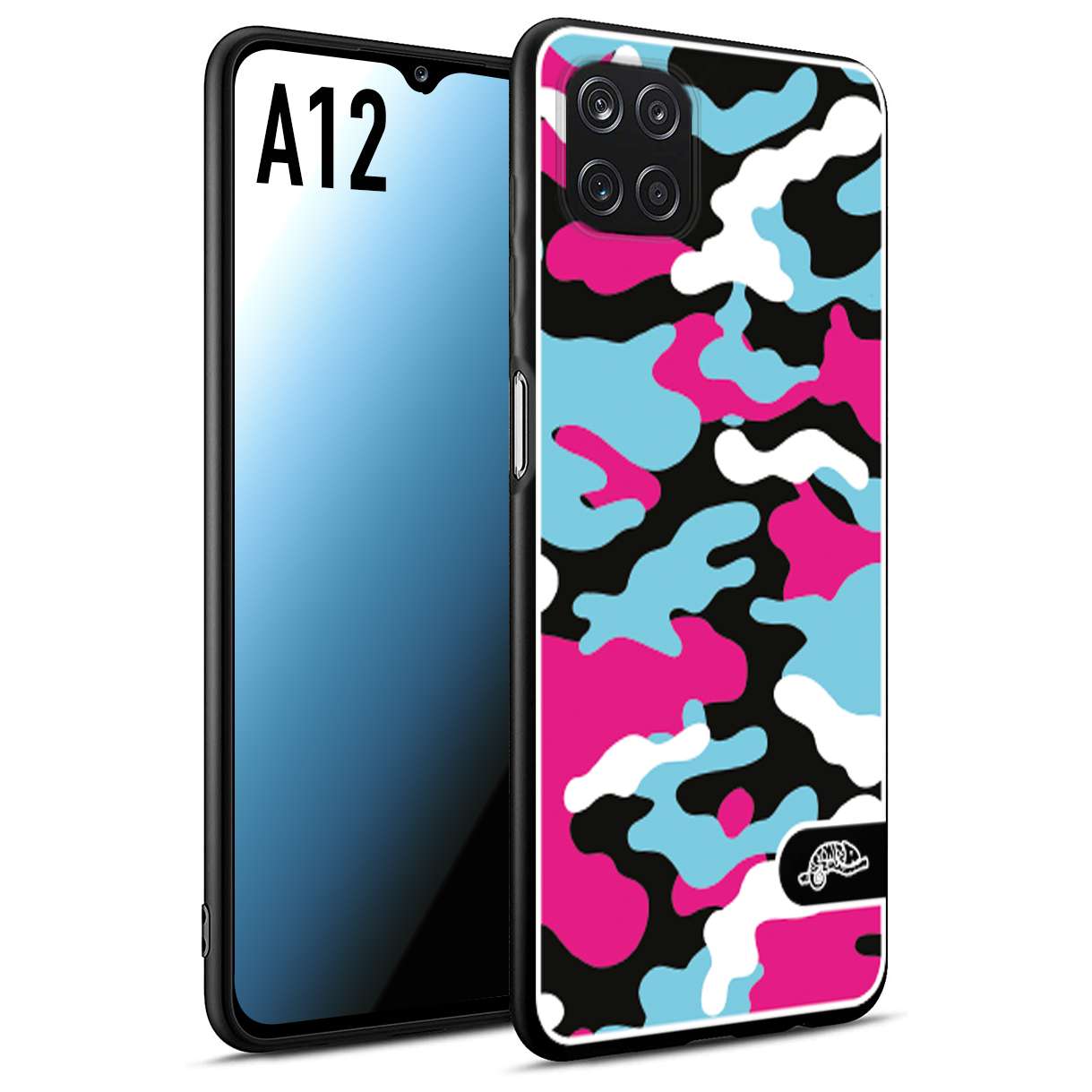 CUSTOMIZZA - Custodia cover nera morbida in tpu compatibile per Samsung A12 camouflage mimetico militare fucsia celeste