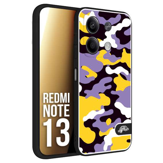 CUSTOMIZZA - Custodia cover nera morbida in tpu compatibile per Xiaomi Redmi Note 13 camouflage mimetico militare viola lilla giallo