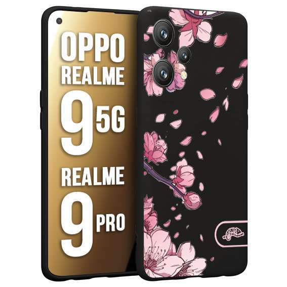 CUSTOMIZZA - Custodia cover nera morbida in tpu compatibile per Oppo Realme 9 5G - 9 PRO giapponese fiori di ciliegio in fiore a rilievo disegnata tattoo