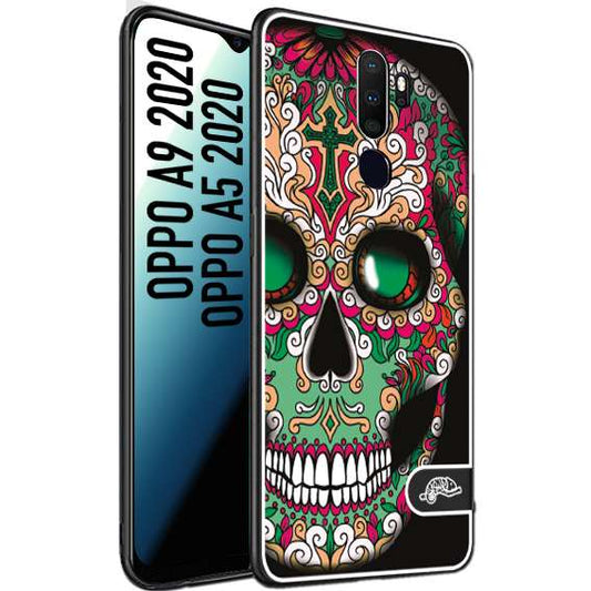 CUSTOMIZZA - Custodia cover nera morbida in tpu compatibile per Oppo A9 2020 - A5 2020 teschio messicano Mexican skull verde fucsia