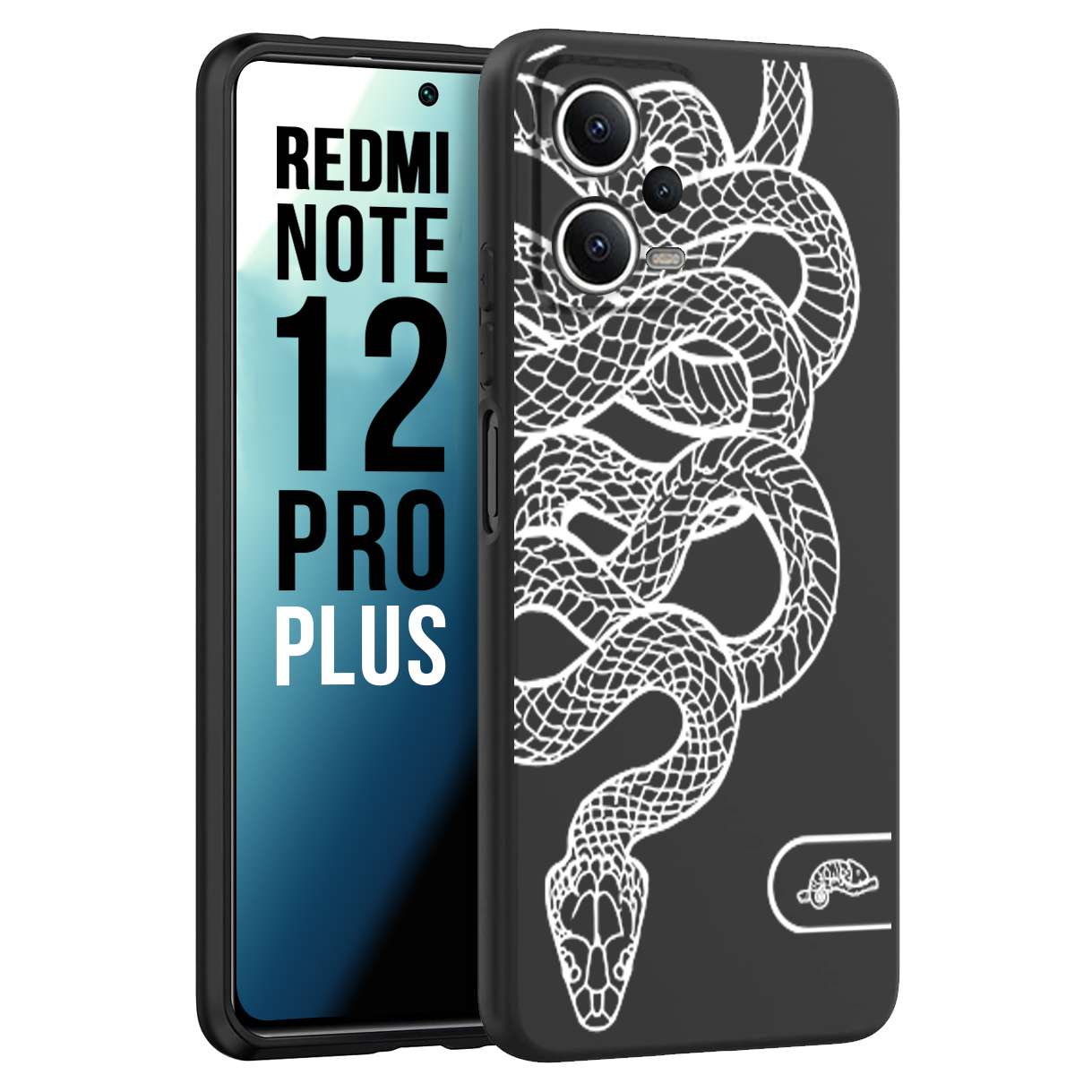 CUSTOMIZZA - Custodia cover nera morbida in tpu compatibile per Xiaomi Redmi Note 12 PRO PLUS serpente snake bianco a rilievo disegnato tattoo tatuaggio