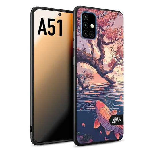 CUSTOMIZZA - Custodia cover nera morbida in tpu compatibile per Samsung A51 giapponese lago carpa koi rosa con foglie d'acero disegnata tattoo