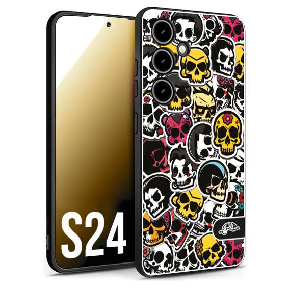 CUSTOMIZZA - Custodia cover nera morbida in tpu compatibile per Samsung S24 sticker bomb teschi colorati adesivi skulls skater snowboard