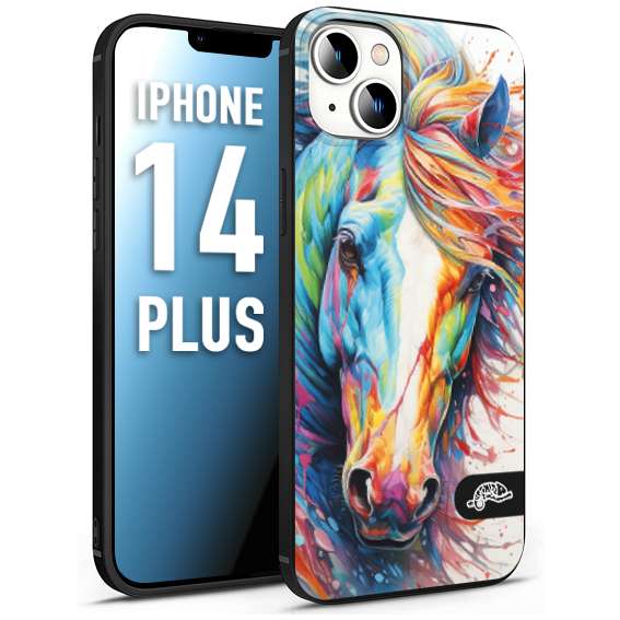 CUSTOMIZZA - Custodia cover nera morbida in tpu compatibile per iPhone 14 PLUS animali color cavallo horse viso colori vibranti disegnato schizzo