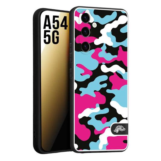 CUSTOMIZZA - Custodia cover nera morbida in tpu compatibile per Samsung A54 5G camouflage mimetico militare fucsia celeste