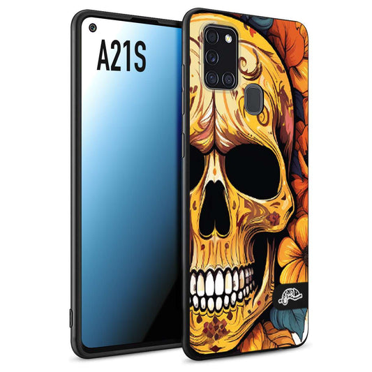 CUSTOMIZZA - Custodia cover nera morbida in tpu compatibile per Samsung A21S teschio messicano colorato dorato fiori autunnali disegnato