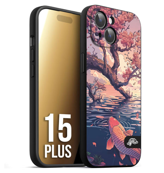 CUSTOMIZZA - Custodia cover nera morbida in tpu compatibile per iPhone 15 PLUS giapponese lago carpa koi rosa con foglie d'acero disegnata tattoo