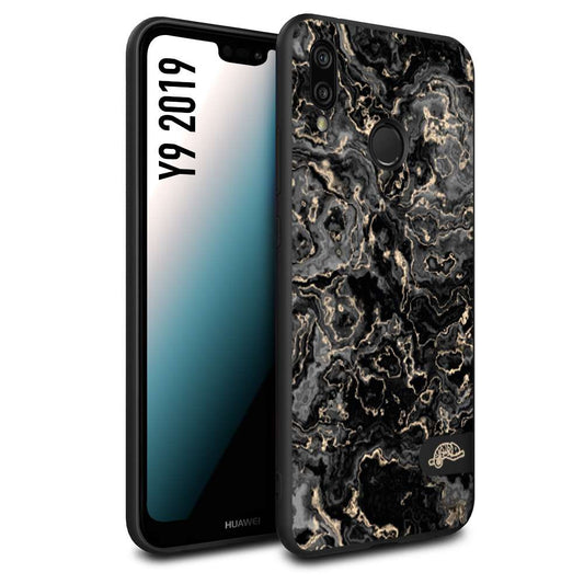 CUSTOMIZZA - Custodia cover nera morbida in tpu compatibile per Huawei Y9 2019 effetto marmo marble nero black venature dorato pietra