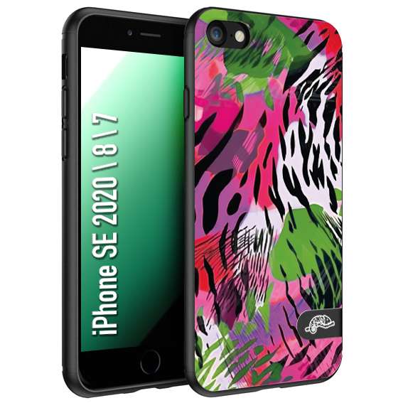 CUSTOMIZZA - Custodia cover nera morbida in tpu compatibile per iPhone 7 - 8 - SE 2020 / 2022 leopardato tigrato tiger colorata summer color verde fucsia