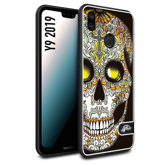 CUSTOMIZZA - Custodia cover nera morbida in tpu compatibile per Huawei Y9 2019 teschio messicano Mexican skull bianco verde giallo