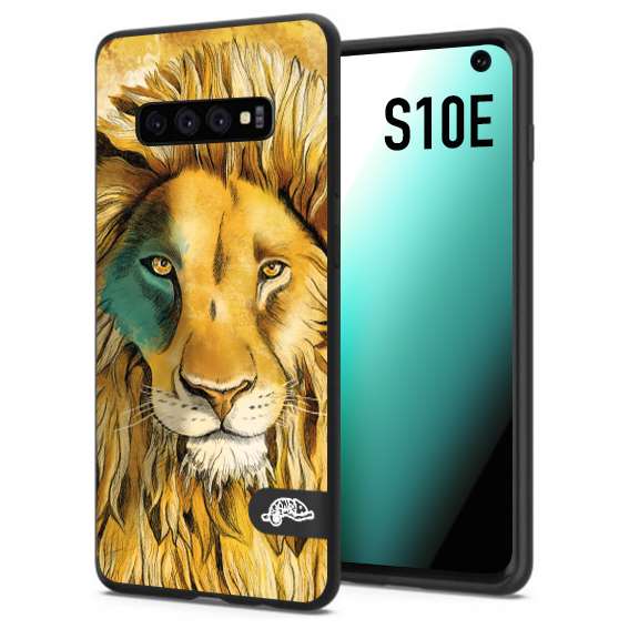 CUSTOMIZZA - Custodia cover nera morbida in tpu compatibile per Samsung S10E leone lion disegnato a mano giallo blu a rilievo artistico brown