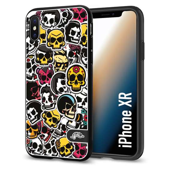 CUSTOMIZZA - Custodia cover nera morbida in tpu compatibile per iPhone Xr sticker bomb teschi colorati adesivi skulls skater snowboard