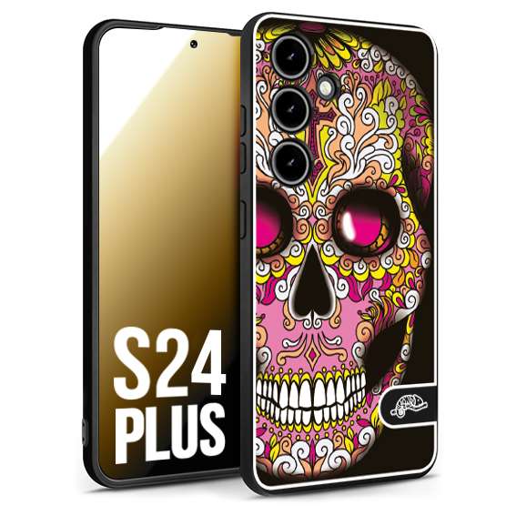 CUSTOMIZZA - Custodia cover nera morbida in tpu compatibile per Samsung S24 PLUS teschio messicano Mexican skull rosa gialla