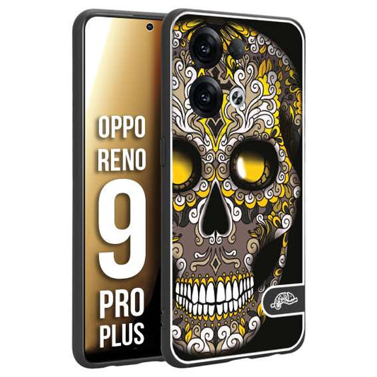 CUSTOMIZZA - Custodia cover nera morbida in tpu compatibile per Oppo Reno 9 PRO PLUS teschio messicano Mexican skull nero giallo