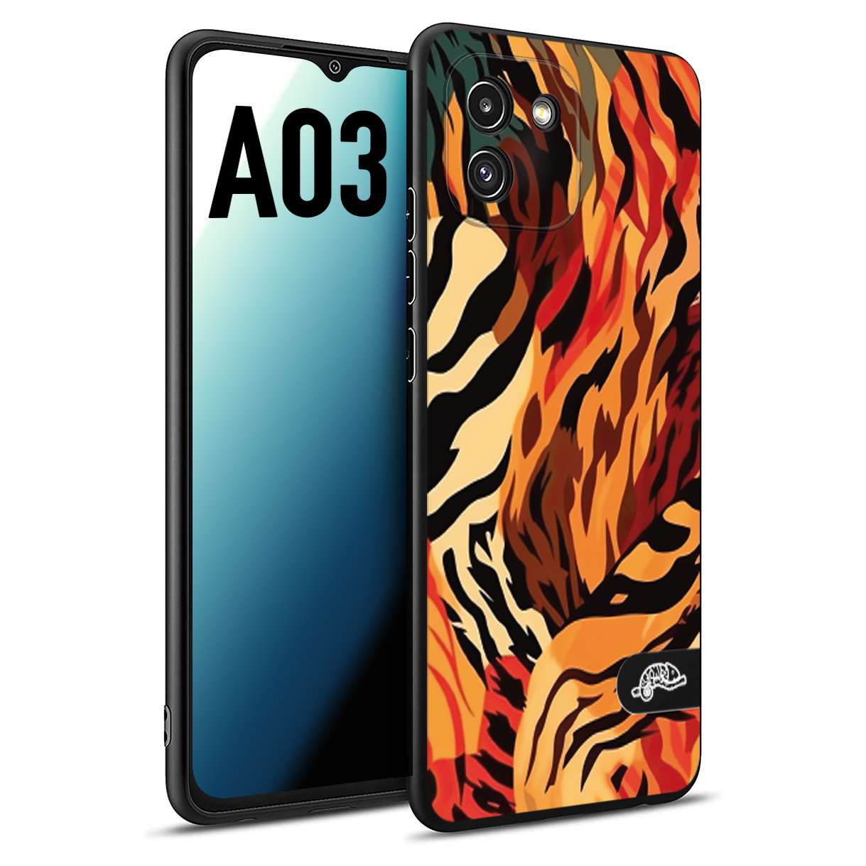 CUSTOMIZZA - Custodia cover nera morbida in tpu compatibile per Samsung A03 leopardato maculato tigrato tiger colorata gialla rossa arancio