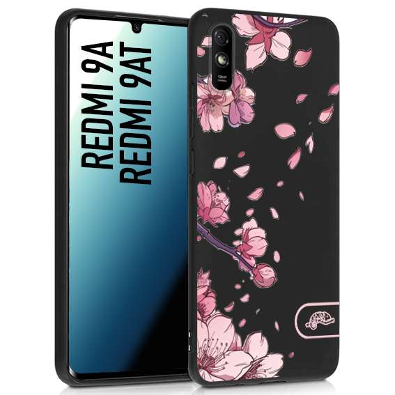 CUSTOMIZZA - Custodia cover nera morbida in tpu compatibile per Xiaomi Redmi 9A - 9AT giapponese fiori di ciliegio in fiore a rilievo disegnata tattoo